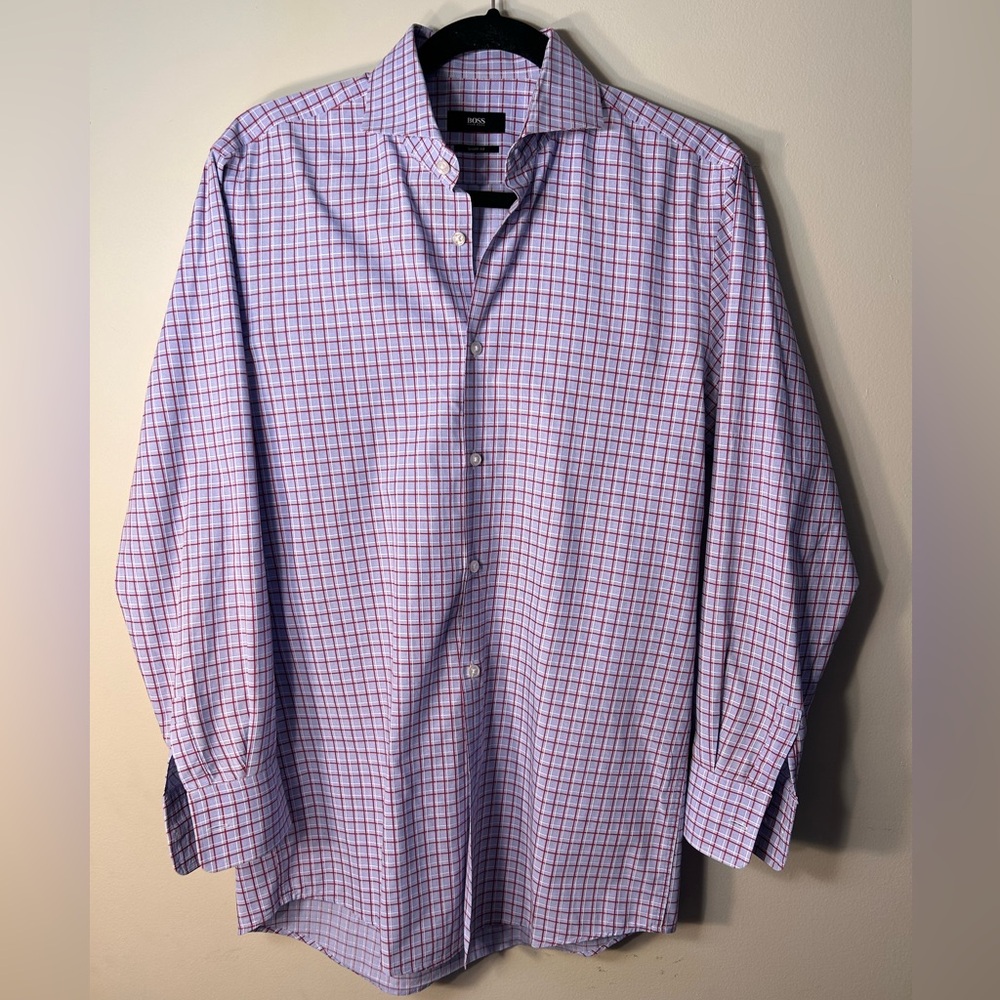 HUGO BOSS Mens Sharp Fit DRESS SHIRT 15 32/33 Blue/Burgundy Plaid (CL015)